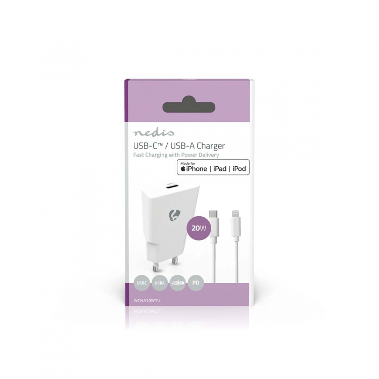 Nedis vegg lader | 20 W | GaN | PD3.0 | Hurtigladefunksjon | 1.67 A / 2.22 A / 3.0 A | Antall utganger: 1 | USB-C™ | Lightning 8-Pin (Løs) Kabel | 1.00 m | Automatisk Spenning Utvalg | Hvit