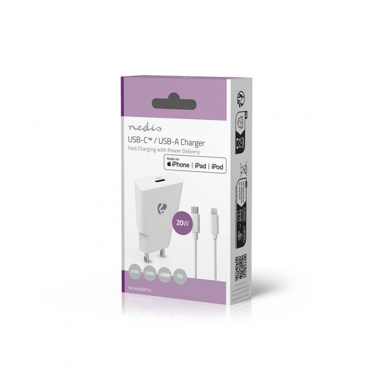 Nedis vegg lader | 20 W | GaN | PD3.0 | Hurtigladefunksjon | 1.67 A / 2.22 A / 3.0 A | Antall utganger: 1 | USB-C™ | Lightning 8-Pin (Løs) Kabel | 1.00 m | Automatisk Spenning Utvalg | Hvit