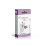Nedis vegg lader | 20 W | GaN | PD3.0 | Hurtigladefunksjon | 1.67 A / 2.22 A / 3.0 A | Antall utganger: 1 | USB-C™ | Lightning 8-Pin (Løs) Kabel | 1.00 m | Automatisk Spenning Utvalg | Hvit