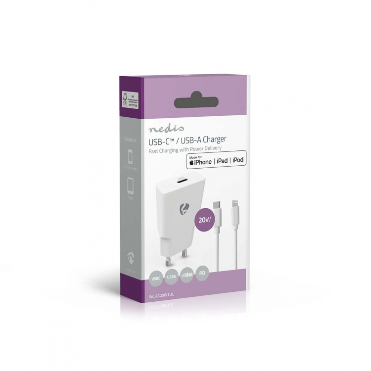 Nedis vegg lader | 20 W | GaN | PD3.0 | Hurtigladefunksjon | 1.67 A / 2.22 A / 3.0 A | Antall utganger: 1 | USB-C™ | Lightning 8-Pin (Løs) Kabel | 1.00 m | Automatisk Spenning Utvalg | Hvit