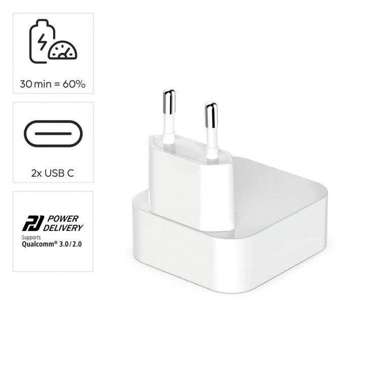 Hama Lader 2xUSB-C GaN PD 40W Rask Sammenleggbar Mini Hvit