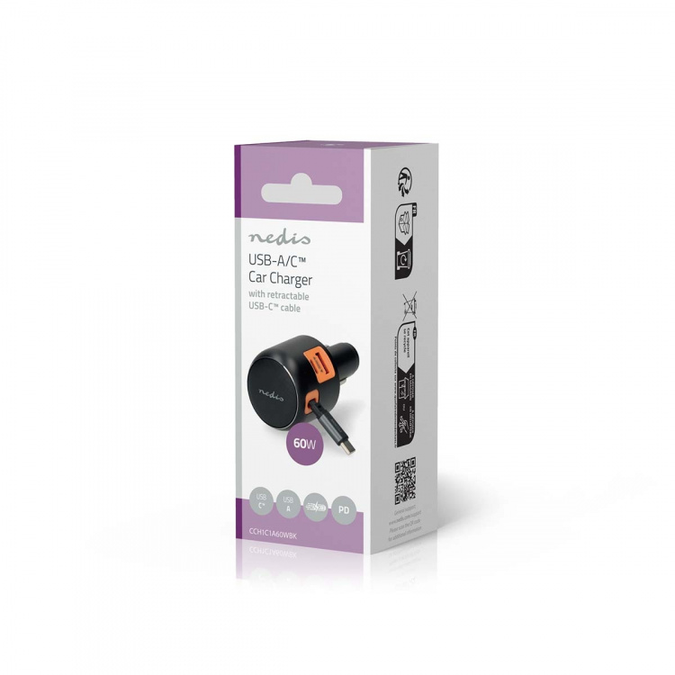 Nedis Billader | 60 W | 2.4 / 3.0 A | Antall utganger: 3 | Porttype: USB-A / USB-C™ | Uttrekkbar USB-C™-kabel | 0.70 m | Automatisk Spenning Utvalg