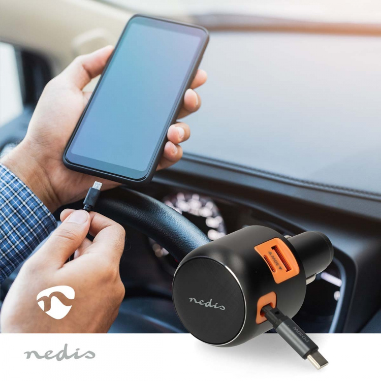 Nedis Billader | 60 W | 2.4 / 3.0 A | Antall utganger: 3 | Porttype: USB-A / USB-C™ | Uttrekkbar USB-C™-kabel | 0.70 m | Automatisk Spenning Utvalg