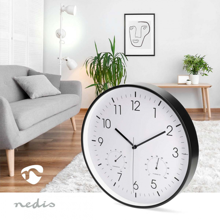 Nedis Veggur | Diameter: 300 mm | Plast | Stille bevegelse | Termometer | Hygrometer | Hvit / Sort