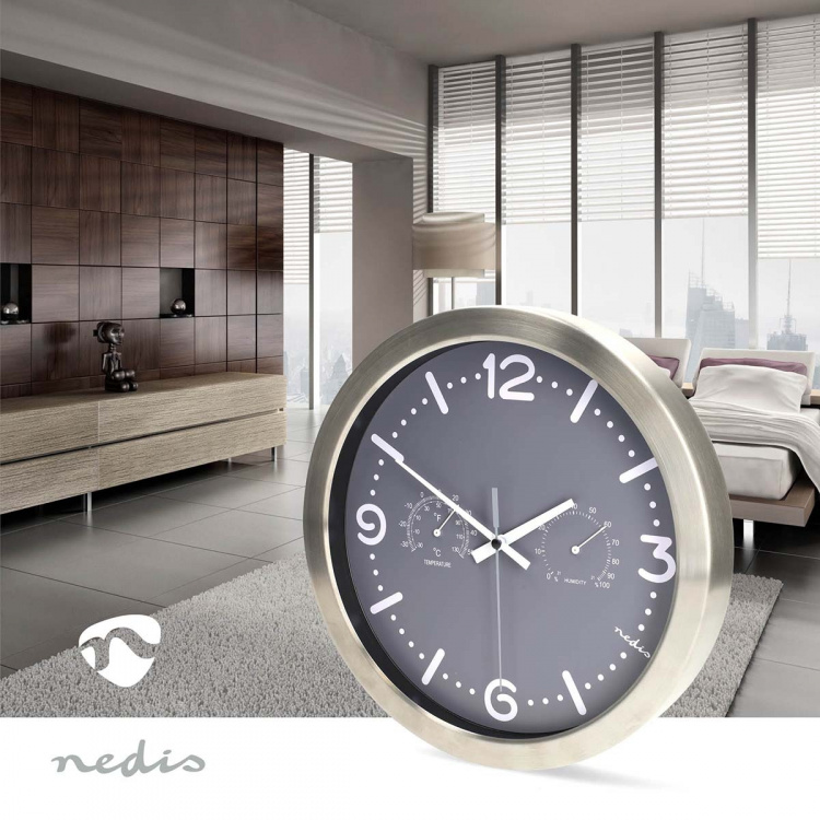 Nedis Veggur | Diameter: 300 mm | Rustfritt Stål | Stille bevegelse | Termometer | Hygrometer | Grå / Metall