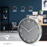 Nedis Veggur | Diameter: 300 mm | Aluminium | Radio kontrolert tid | Stille bevegelse | Grå / Metall