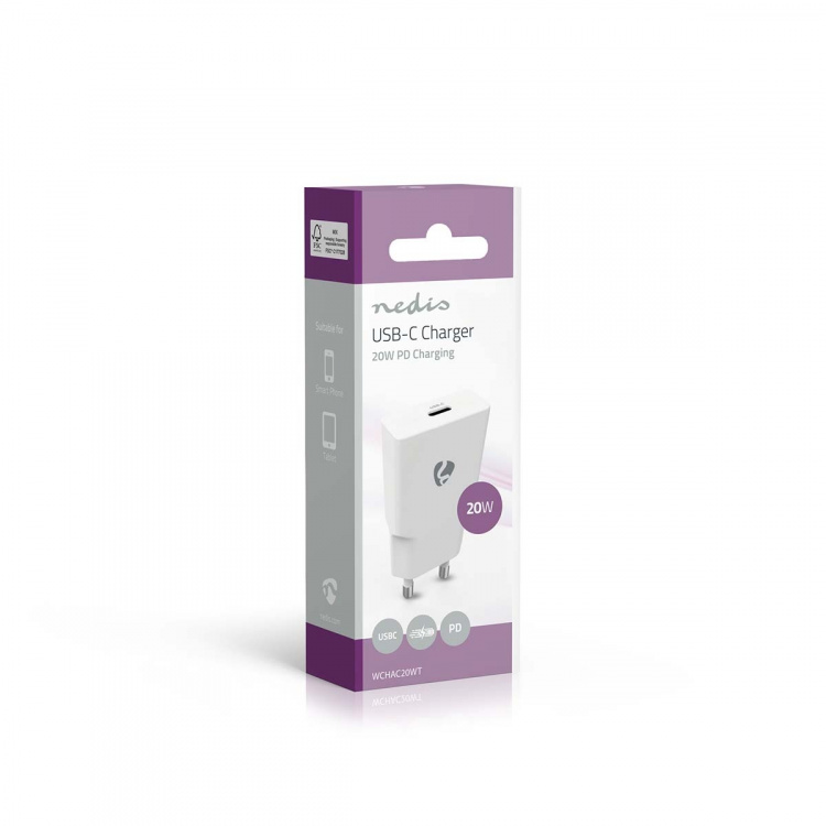 Nedis vegg lader | 20 W | GaN | PD3.0 | 1.67 A / 2.22 A / 3.0 A | Antall utganger: 1 | USB-C™ | Automatisk Spenning Utvalg | Hvit