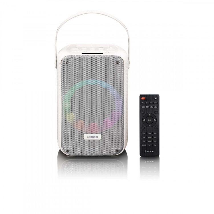 Lenco Karaokesystem med Bluetooth®, oppladbart batteri, trådløs karaokemikrofon og LED-belysning Hvit Lenco Karaokesystem med Bluetooth®, oppladbart batteri, trådløs karaokemikrofon og LED-belysning Hvit