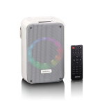 Lenco Karaokesystem med Bluetooth®, oppladbart batteri, trådløs karaokemikrofon og LED-belysning Hvit Lenco Karaokesystem med Bluetooth®, oppladbart batteri, trådløs karaokemikrofon og LED-belysning Hvit