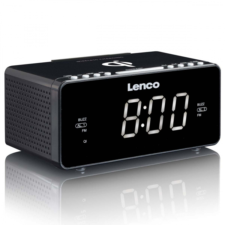 Lenco Stereo FM-klokkeradio med USB og trådløs Qi-lading av smarttelefoner Svart Lenco Stereo FM-klokkeradio med USB og trådløs Qi-lading av smarttelefoner Svart