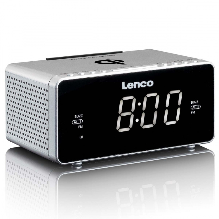 Lenco Stereo FM-klokkeradio med USB og trådløs Qi-lading av smarttelefoner Sølv Lenco Stereo FM-klokkeradio med USB og trådløs Qi-lading av smarttelefoner Sølv
