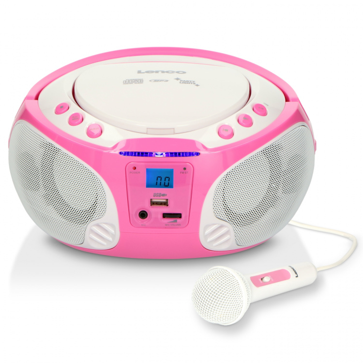 Lenco Bærbar FM-radio CD/MP3/USB-mikrofon og lyseffekter Rosa
