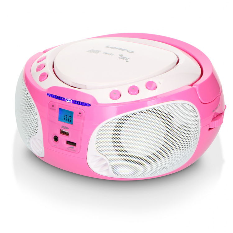 Lenco Bærbar FM-radio CD/MP3/USB-mikrofon og lyseffekter Rosa