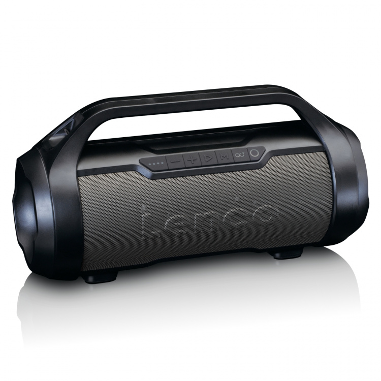 Lenco Sprutsikker Bluetooth®-høyttaler med FM-radio, USB, SD og festlys Svart Lenco Sprutsikker Bluetooth®-høyttaler med FM-radio, USB, SD og festlys Svart
