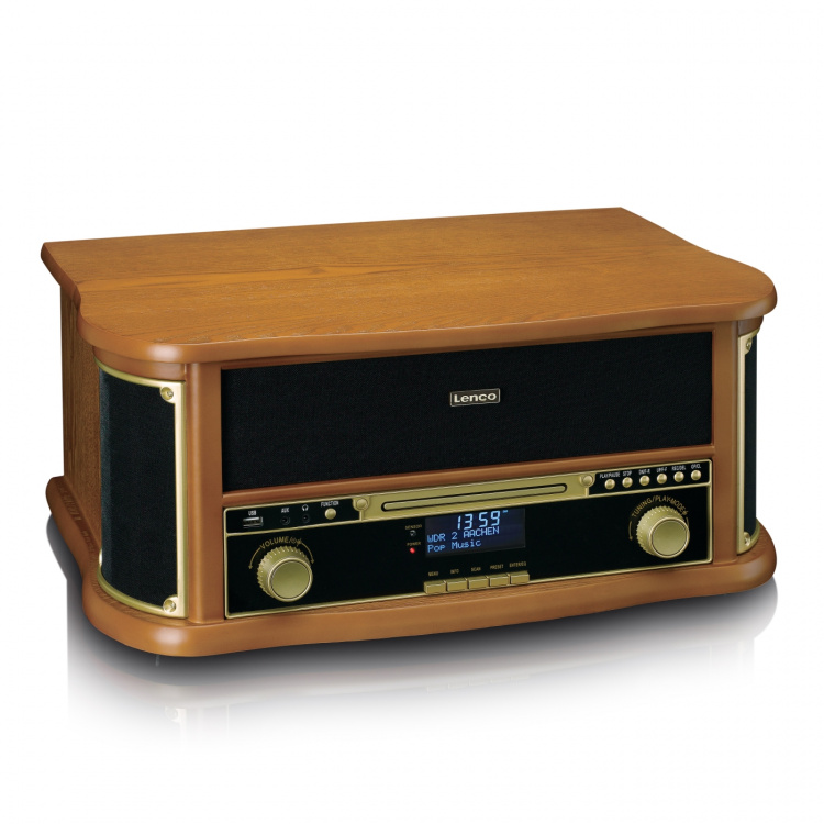 Lenco Retro platespiller i tre med Bluetooth®, DAB+/FM-radio, USB-koding, CD-spiller, kassettspiller og innebygde høyttalere Lenco Retro platespiller i tre med Bluetooth®, DAB+/FM-radio, USB-koding, CD-spiller, kassettspiller og innebygde høyttalere
