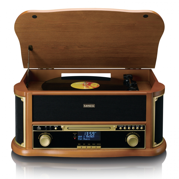 Lenco Retro platespiller i tre med Bluetooth®, DAB+/FM-radio, USB-koding, CD-spiller, kassettspiller og innebygde høyttalere Lenco Retro platespiller i tre med Bluetooth®, DAB+/FM-radio, USB-koding, CD-spiller, kassettspiller og innebygde høyttalere