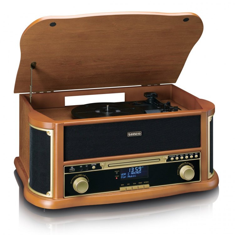 Lenco Retro platespiller i tre med Bluetooth®, DAB+/FM-radio, USB-koding, CD-spiller, kassettspiller og innebygde høyttalere Lenco Retro platespiller i tre med Bluetooth®, DAB+/FM-radio, USB-koding, CD-spiller, kassettspiller og innebygde høyttalere