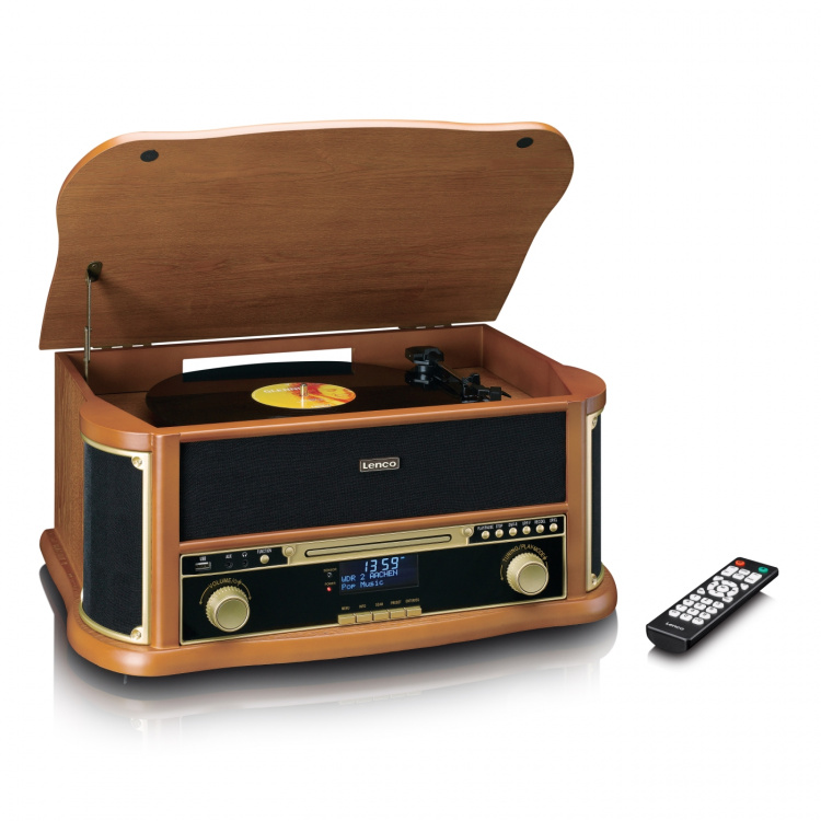 Lenco Retro platespiller i tre med Bluetooth®, DAB+/FM-radio, USB-koding, CD-spiller, kassettspiller og innebygde høyttalere Lenco Retro platespiller i tre med Bluetooth®, DAB+/FM-radio, USB-koding, CD-spiller, kassettspiller og innebygde høyttalere