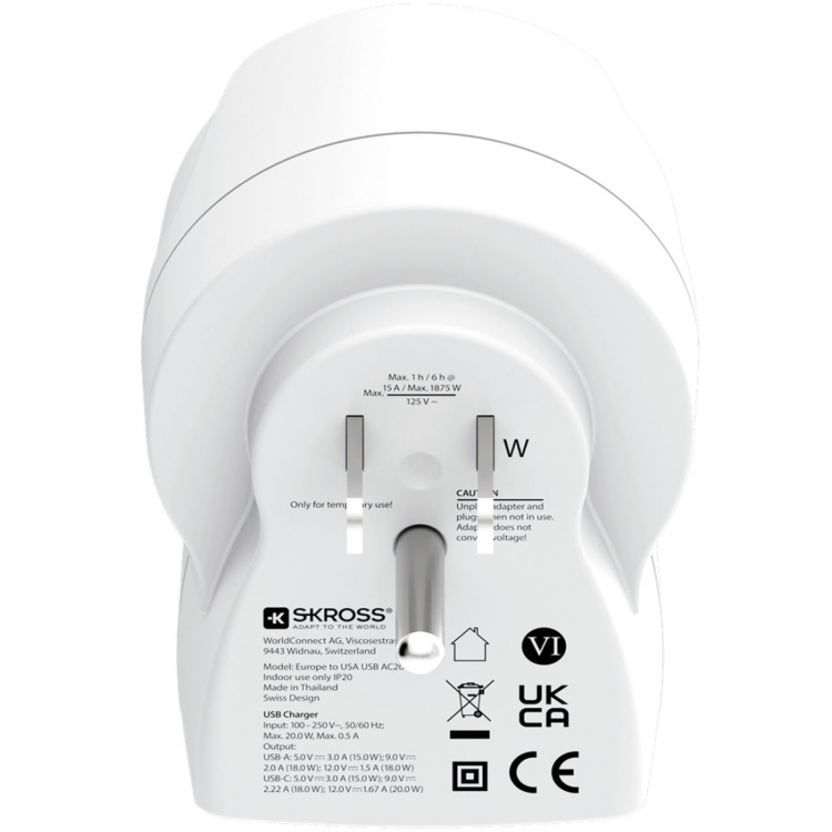 SKROSS Reiseadapter Europa til USA og andre USB-A/USB-C 20W PD jordet SKROSS Reiseadapter Europa til USA og andre USB-A/USB-C 20W PD jordet