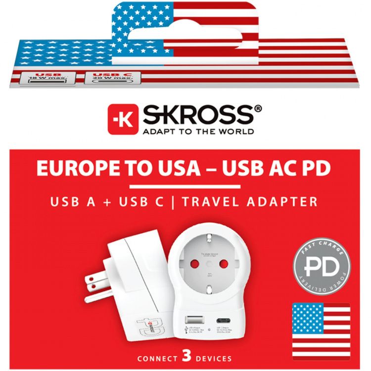 SKROSS Reiseadapter Europa til USA og andre USB-A/USB-C 20W PD jordet SKROSS Reiseadapter Europa til USA og andre USB-A/USB-C 20W PD jordet