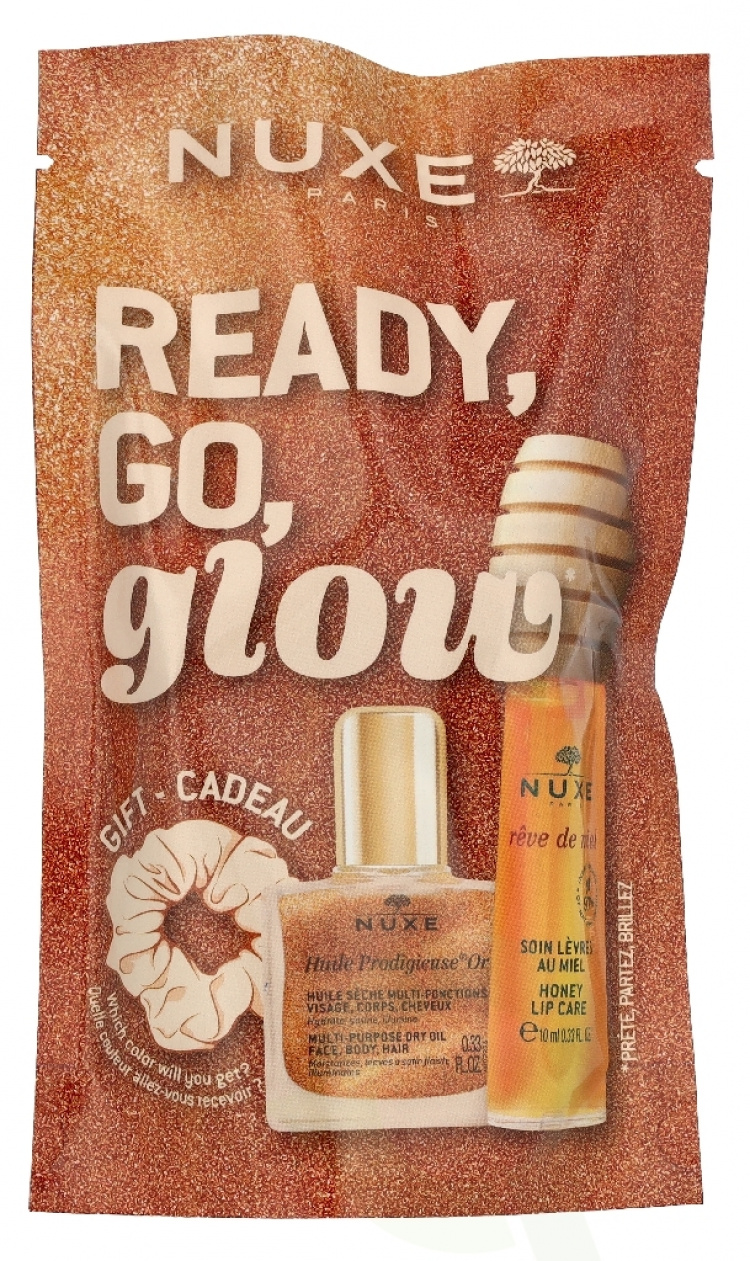 Nuxe Ready, Go, Glow Honey Set 20 ml Lip Treatment 10ml/Dry Oil 10ml/Scrunchie