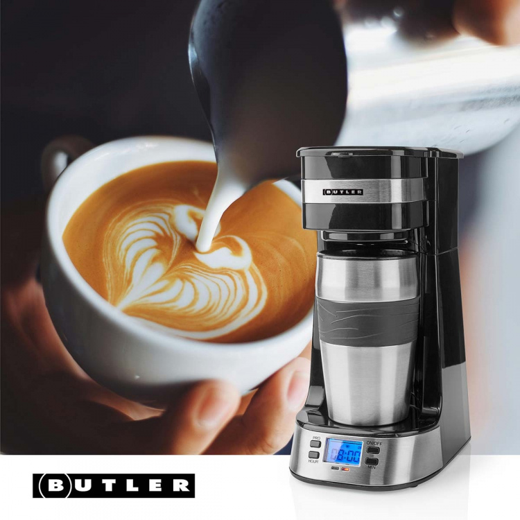 Butler Kaffetrakter med én porsjon | 0,4 l | 750 W | Timerfunksjon | Isolert reisekrus | Automatisk avstengning | LCD-display | Svart