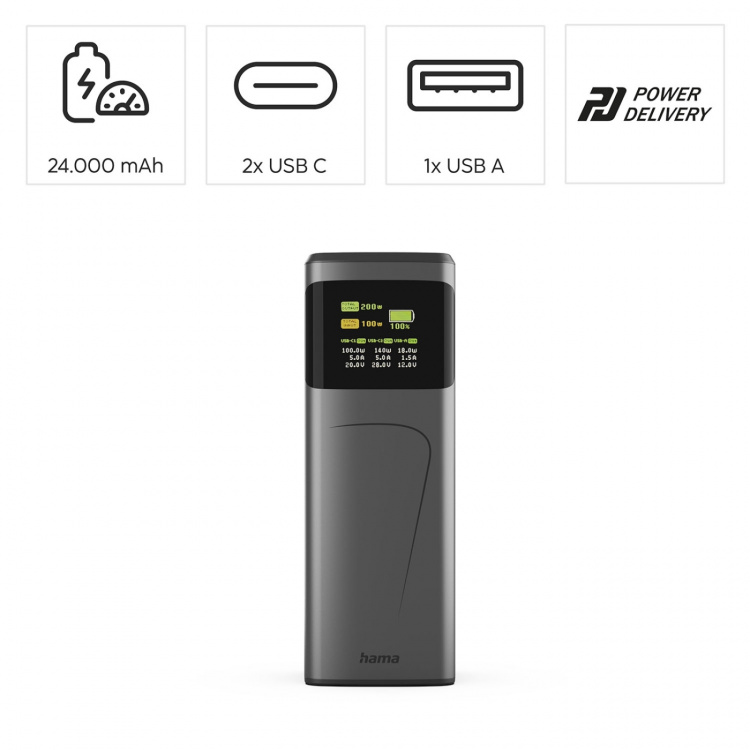 Hama Powerbank 24000mah 2xUSB-C 1xUSB-A 200W Rask Lading