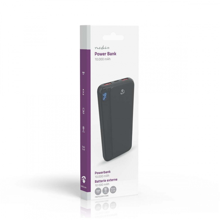 Nedis Power Bank | 10000 mAh | 1.5 / 1.67 / 2.0 / 2.22 / 3.0 A | Antall utganger: 3 | Utgangstilkobling: 1x USB-C™ / 2x USB-A | Inngangstilkobling: 1x USB-C™ | PD3.0 20W | Lithium-Polymer | Display
