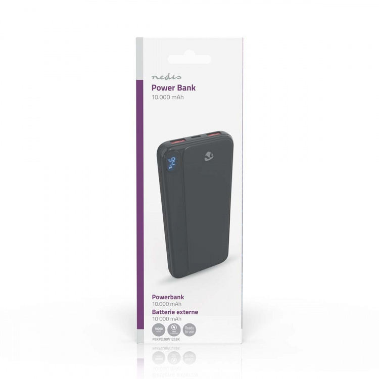 Nedis Power Bank | 10000 mAh | 1.5 / 1.67 / 2.0 / 2.22 / 3.0 A | Antall utganger: 3 | Utgangstilkobling: 1x USB-C™ / 2x USB-A | Inngangstilkobling: 1x USB-C™ | PD3.0 20W | Lithium-Polymer | Display