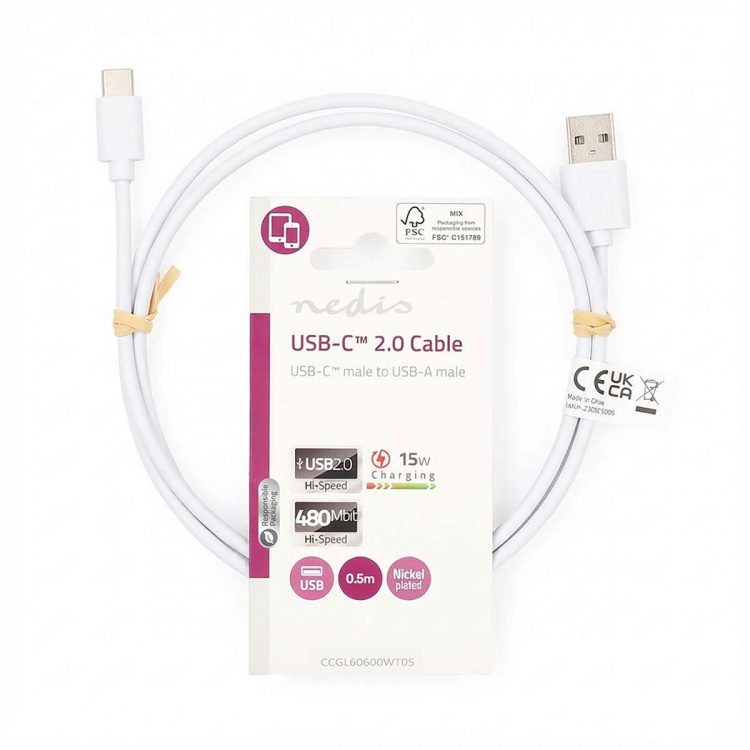 Nedis USB-kabel | USB 2.0 | USB-A Han | USB-C™ Hann | 15 W | 480 Mbps | Nikkel belagt | 0.50 m | Rund | PVC | Hvit | Label