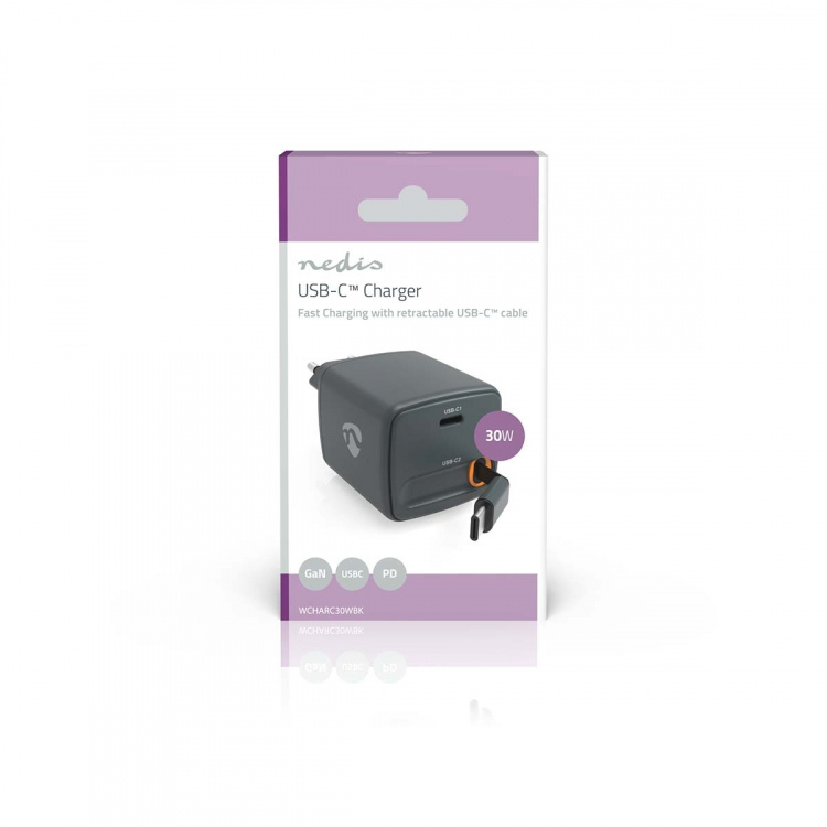Nedis vegg lader | Med uttrekkbar kabel | 30 W | GaN | PD3.0 30W | 1.5 / 2.0 / 2.5 / 3.0 A | Antall utganger: 1 | USB-C™ | Uttrekkbar USB-C™-kabel | 0.75 m | Automatisk Spenning Utvalg | Sort