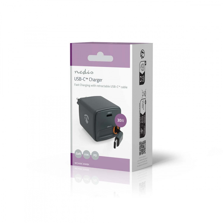 Nedis vegg lader | Med uttrekkbar kabel | 30 W | GaN | PD3.0 30W | 1.5 / 2.0 / 2.5 / 3.0 A | Antall utganger: 1 | USB-C™ | Uttrekkbar USB-C™-kabel | 0.75 m | Automatisk Spenning Utvalg | Sort
