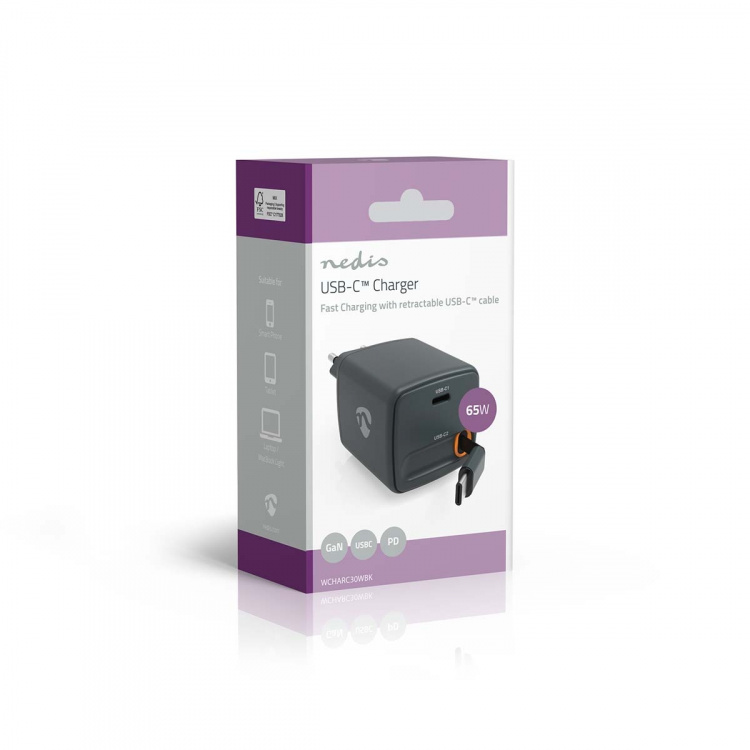 Nedis vegg lader | Med uttrekkbar kabel | 65 W | GaN | PD3.0 30W | 3.0 / 3.25 A A | Antall utganger: 1 | USB-C™ | Uttrekkbar USB-C™-kabel | 0.75 m | Automatisk Spenning Utvalg | Sort