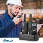 Alecto Walkie-Talkie-sett | 2 håndsett | Opp til 10 km | Frekvenskanaler: 8 | PTT / VOX | 24 timers standby | Ladestasjon inkludert | Hodetelefonutgang | Svart