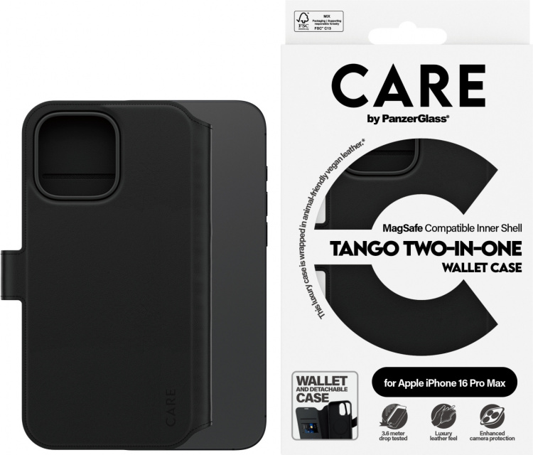 PanzerGlass CARE by PanzerGlass Tango Two-in-One Wallet Case MagSafe-kompatibelt lommeboketui, Apple iPhone 16 Pro Max, svart