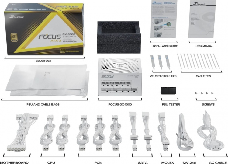 Seasonic FOCUS GX-1000 ATX 3.1 (2024) strømforsyning, hvit, 1000 W