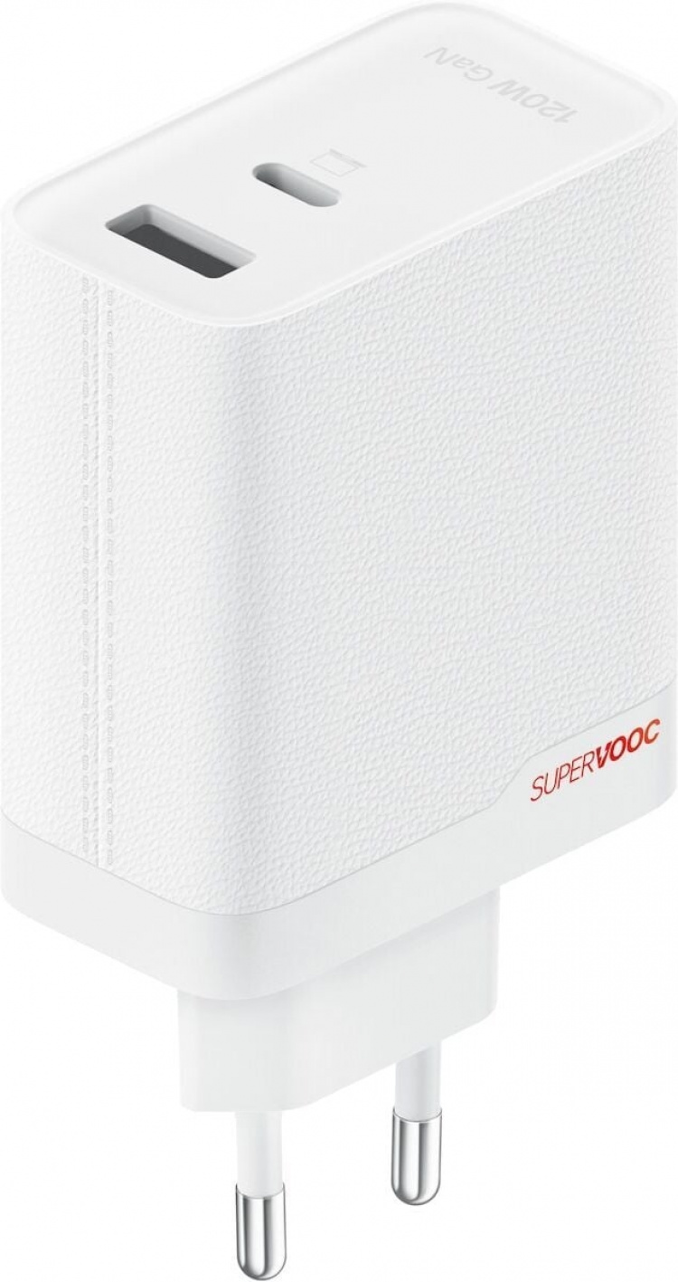 OnePlus SUPERVOOC 120 W strømadapter med to porter, hvit.