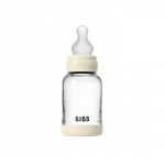 BIBS Glassflaske til baby, rund, med silikon, 1 stk., 120 ml, langsom strømning – elfenben – 120 ml